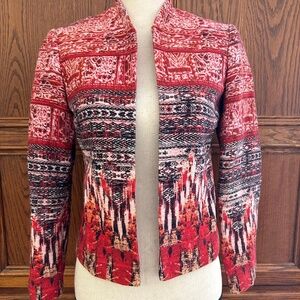 H&M Red Open Front Blazer Jacket, Linen/cottonBkend, Textured Aztec Print sz 2